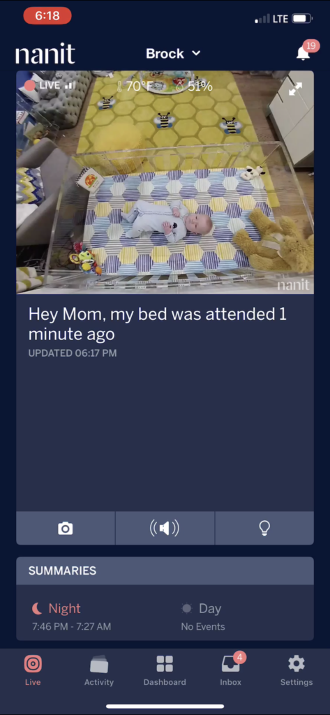 A view of the Nanit app, showing clear video and a look at the dashboard.