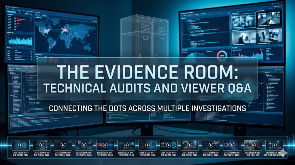 Banner for 'The Evidence Room: Technical Audits and Viewer Q&A' over a multi-monitor data wall displaying dashboards and world map.