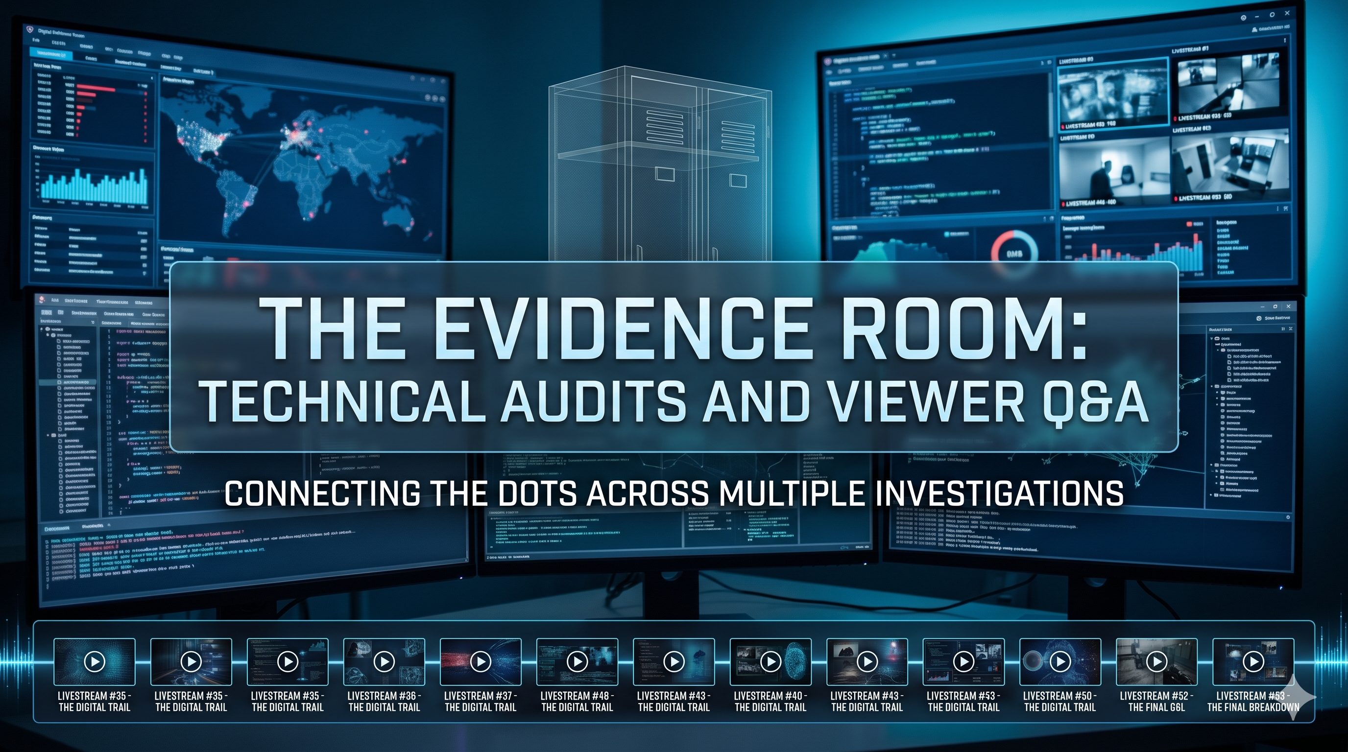 Banner for 'The Evidence Room: Technical Audits and Viewer Q&A' over a multi-monitor data wall displaying dashboards and world map.