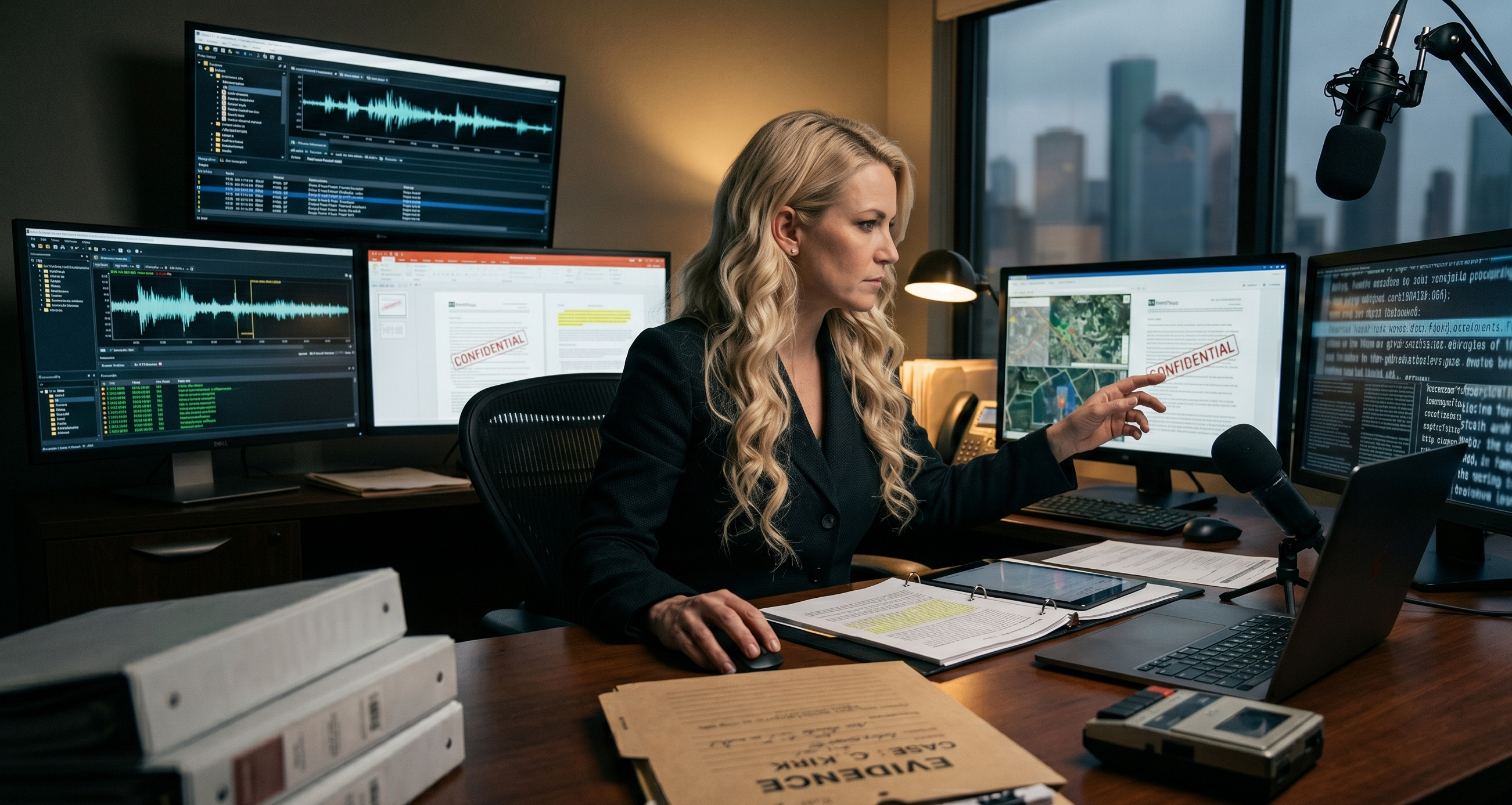 Woman in a black blazer sits at a desk with multiple monitors, a large microphone, and city view, gesturing toward a screen during a recording session.