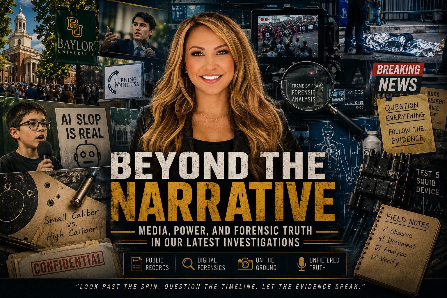 Poster-style collage for a documentary titled 'Beyond the Narrative' showing a smiling host surrounded by media imagery, signs, and forensic analysis tools (camera, evidence notes, and ‘Breaking News’ visuals).